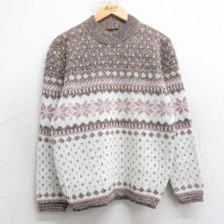 S★古着 長袖 ノルディック セーター メンズ 80年代 80s 雪柄 モックネック ハイネック USA製 白他 26jan22