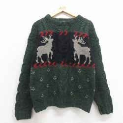S★古着 ウールリッチ 長袖 ケーブル セーター メンズ 90年代 90s シカ クルーネック 緑他 26jan22