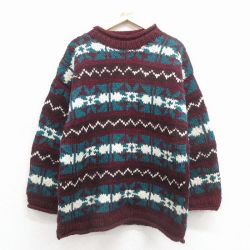 L★古着 長袖 セーター メンズ モックネック ハイネック ウール エンジ 26jan22