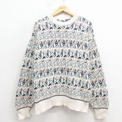 L★古着 バンヒューセン 長袖 セーター メンズ 90年代 90s コットン クルーネック 薄ベージュ他 26jan23