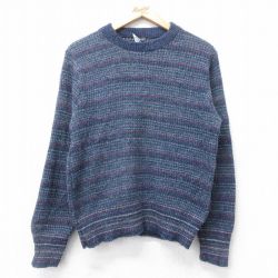 S★古着 長袖 セーター メンズ 90年代 90s ウール クルーネック USA製 紺他 ボーダー 26jan28