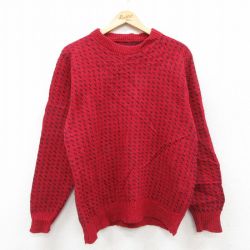 XL★古着 長袖 セーター メンズ 90年代 90s バーズアイ ウール クルーネック 赤他 26jan29