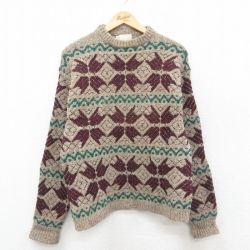 XL★古着 長袖 セーター メンズ 80年代 80s ウール クルーネック 茶柄 26jan29