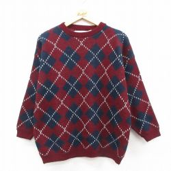 L★古着 長袖 セーター メンズ 90年代 90s アーガイル アクリル クルーネック USA製 エンジ他 26jan29
