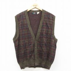 L★古着 ニット ベスト メンズ 80年代 80s イタリア製 緑他 チェック 26jan29