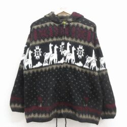 L★古着 TEJIDOS RUMINAHUI 長袖 フルジップ ニット カーディガン パーカー メンズ アルパカ エクアドル製 黒他【spe】 26feb02