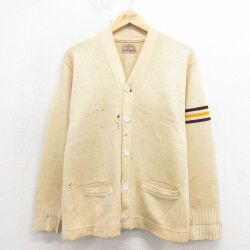 S★古着 長袖 ビンテージ レタード ニット カーディガン メンズ 60年代 60s ベージュ 26feb02
