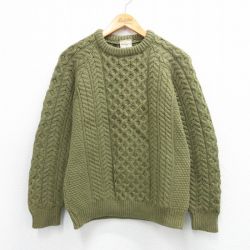 M★古着 長袖 アラン フィッシャーマン ケーブル セーター メンズ 90年代 90s ウール クルーネック アイルランド製 緑系【spe】26feb03