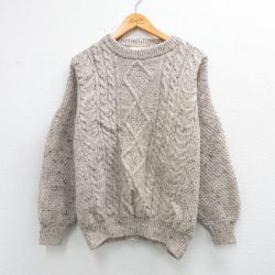 XL★古着 長袖 ケーブル セーター メンズ 90年代 90s ウール クルーネック ベージュ系他26feb03