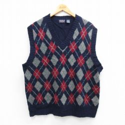L★古着 ニット ベスト メンズ 90年代 90s アーガイル ウール Vネック 紺他26feb03
