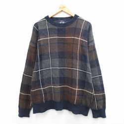 L★古着 長袖 セーター メンズ クルーネック 茶他 チェック26feb03