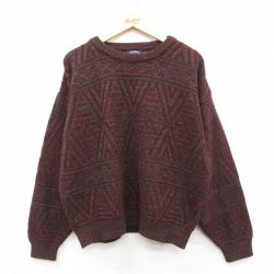 XL★古着 長袖 セーター メンズ 90年代 90s アクリル クルーネック USA製 エンジ26feb03