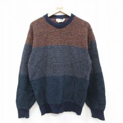 M★古着 セントジョンズベイ 長袖 セーター メンズ 90年代 90s ウール クルーネック USA製 濃紺他 ストライプ【spe】26feb03