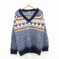 L★古着 長袖 セーター メンズ 90年代 90s Vネック エクアドル製 濃紺26feb03