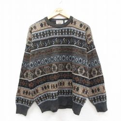 L★古着 長袖 セーター メンズ 90年代 90s クルーネック イタリア製 濃グレー他 ストライプ26feb03