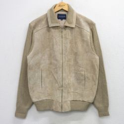 L★古着 バンヒューセン 長袖 フルジップ ニット カーディガン メンズ 90年代 90s スエード使用 襟付き アクリル ベージュ 26feb04