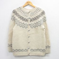 M★古着 長袖 ノルディック ニット カーディガン メンズ 80年代 80s ロパペイサ 手編み ハンドニット 生成り他【spe】 26feb04