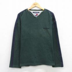XL★古着 トミーヒルフィガー 長袖 ブランド セーター メンズ 90年代 90s ワンポイントロゴ 大きいサイズ コットン Vネック 緑他 26feb04