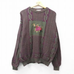 XL★古着 ロンドンフォグ 長袖 セーター メンズ 90年代 90s 鳥 刺繍 コットン クルーネック USA製 緑他 26feb05