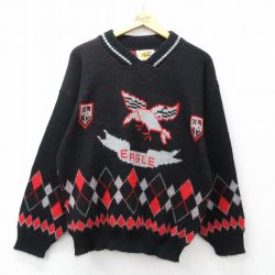 L★古着 長袖 セーター メンズ 90年代 90s EAGLE アクリル Vネック USA製 黒他 26feb05
