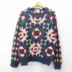 L★古着 長袖 セーター メンズ 90年代 90s 手編み ハンドニット クルーネック 紺他 26feb05