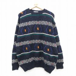 XL★古着 長袖 セーター メンズ 90年代 90s ウール クルーネック 紺他 26feb06