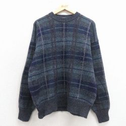 L★古着 長袖 セーター メンズ 90年代 90s シェットランドウール クルーネック イングランド製 紺 チェック 26feb07