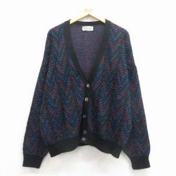 XL★古着 ジャンセン 長袖 ニット カーディガン メンズ 90年代 90s 大きいサイズ USA製 紺 26feb07