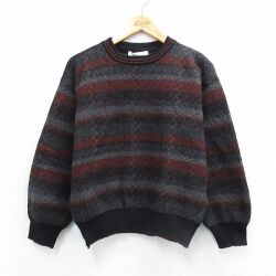 M★古着 長袖 セーター メンズ 90年代 90s ウール クルーネック エンジ他 ボーダー 26feb09