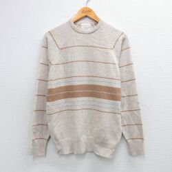 S★古着 長袖 セーター メンズ 90年代 90s ラグラン ウール クルーネック イギリス製 薄ベージュ 霜降り他 ボーダー 26feb09