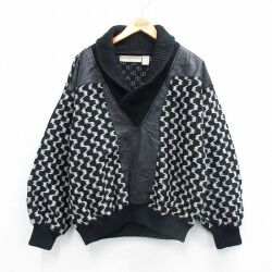 L★古着 長袖 セーター メンズ 90年代 90s レザー使用 アクリル ショールカラー 黒他【spe】 26feb09