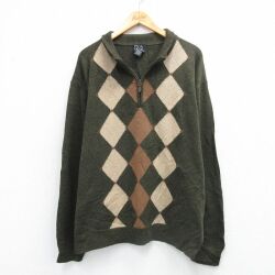 XL★古着 JOS A BANK 長袖 ハーフジップ セーター メンズ アーガイル 大きいサイズ ラムウール 緑 霜降り 26feb09