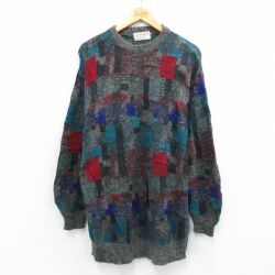 M★古着 長袖 セーター メンズ 90年代 90s ロング丈 ウール クルーネック グレー 霜降り 26feb09