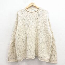 XL★古着 長袖 アラン フィッシャーマン ケーブル セーター メンズ ウール モックネック ハイネック アイルランド製 生成り【spe】 26feb12