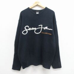 XL★古着 ショーンジョン 長袖 セーター メンズ ビッグロゴ Vネック 黒 26feb12