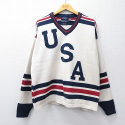 XL★古着 オールドネイビー OLD NAVY 長袖 セーター メンズ 90年代 90s USA製ロゴ コットン Vネック USA製 薄ベージュ他【spe】 26feb13