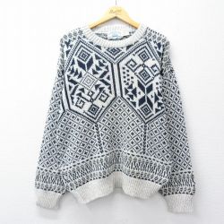 L★古着 長袖 ノルディック セーター メンズ 90年代 90s 雪柄 コットン USA製 薄グレー 霜降り他 26feb13