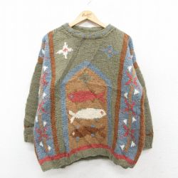 XL★古着 長袖 セーター メンズ 魚 手編み ハンドニット ウール クルーネック 緑系他 26feb13