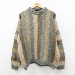 L★古着 長袖 セーター メンズ 90年代 90s ウール クルーネック イングランド製 ベージュ他 ストライプ【spe】 26feb13