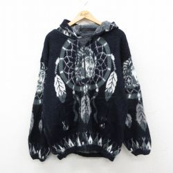 XL★古着 長袖 フルジップ ニット カーディガン パーカー メンズ インディアン 紺他【spe】 26feb13