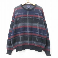 XL★古着 長袖 セーター メンズ 90年代 90s 大きいサイズ コットン クルーネック USA製 黒他 チェック【spe】 26feb14