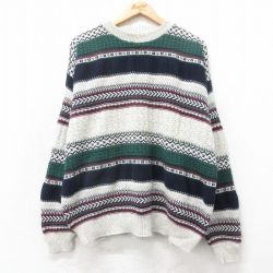 XL★古着 長袖 セーター メンズ 90年代 90s フェアアイル コットン クルーネック USA製 薄グレー 26feb14