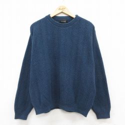 XL★古着 長袖 セーター メンズ 00年代 00s 無地 手織り クルーネック USA製 紺 26feb16