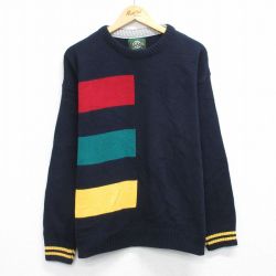 L★古着 ジャンセン 長袖 セーター メンズ 90年代 90s コットン クルーネック USA製 紺 26feb16