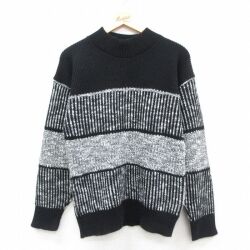 M★古着 長袖 セーター メンズ 90年代 90s アクリル モックネック ハイネック USA製 黒他 ストライプ 26feb19