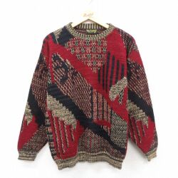 M★古着 長袖 セーター メンズ 90年代 90s アクリル クルーネック USA製 エンジ他 26feb19