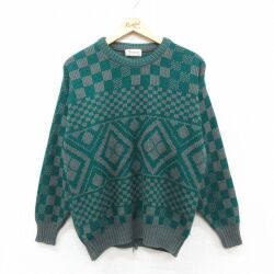 M★古着 長袖 セーター メンズ 90年代 90s クルーネック カナダ製 緑 26feb19