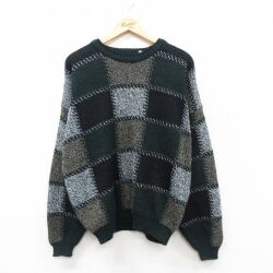 XL★古着 ビューグルボーイ 長袖 セーター メンズ 00年代 00s アクリル クルーネック 黒他 チェック 26feb19