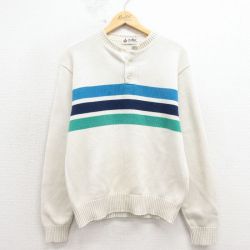 M★古着 長袖 セーター メンズ 80年代 80s コットン ヘンリーネック USA製 生成り他 ストライプ 26feb27