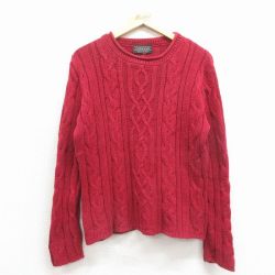 M★古着 長袖 ケーブル セーター メンズ 90年代 90s コットン クルーネック USA製 エンジ 26feb27